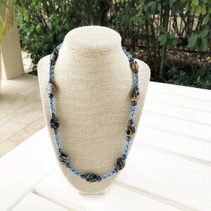 NWT Genuine Blue Pearls & Hand Painted Beads Beaded Necklace Blue Brown
